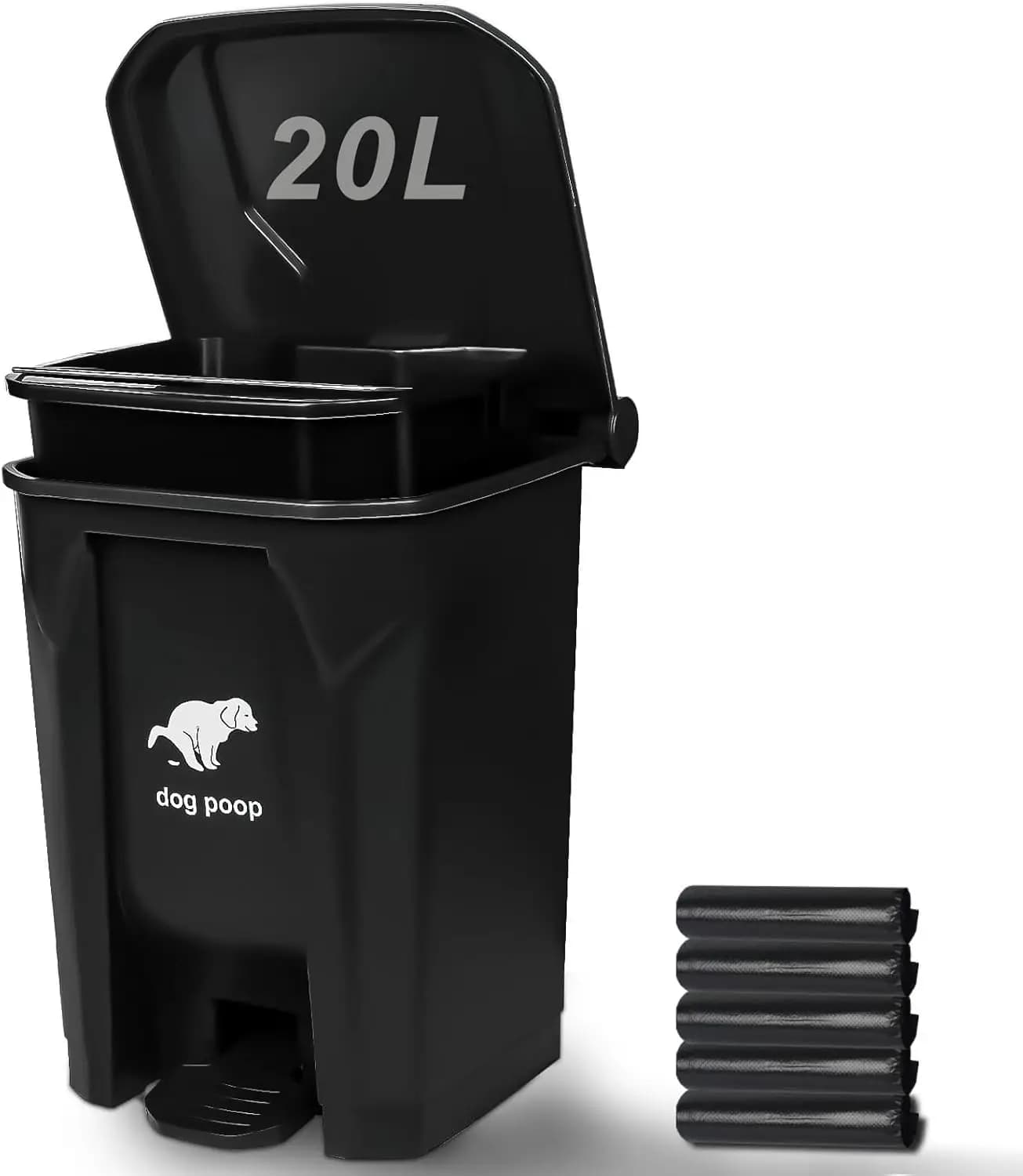 Bidone per Escrementi di Cane da 20L/5 Galloni, con Pedale, Contenitore Interno Rimovibile, Contenitore per Rifiuti di Animali Domestici da Esterno con 100 Sacchetti, Nero