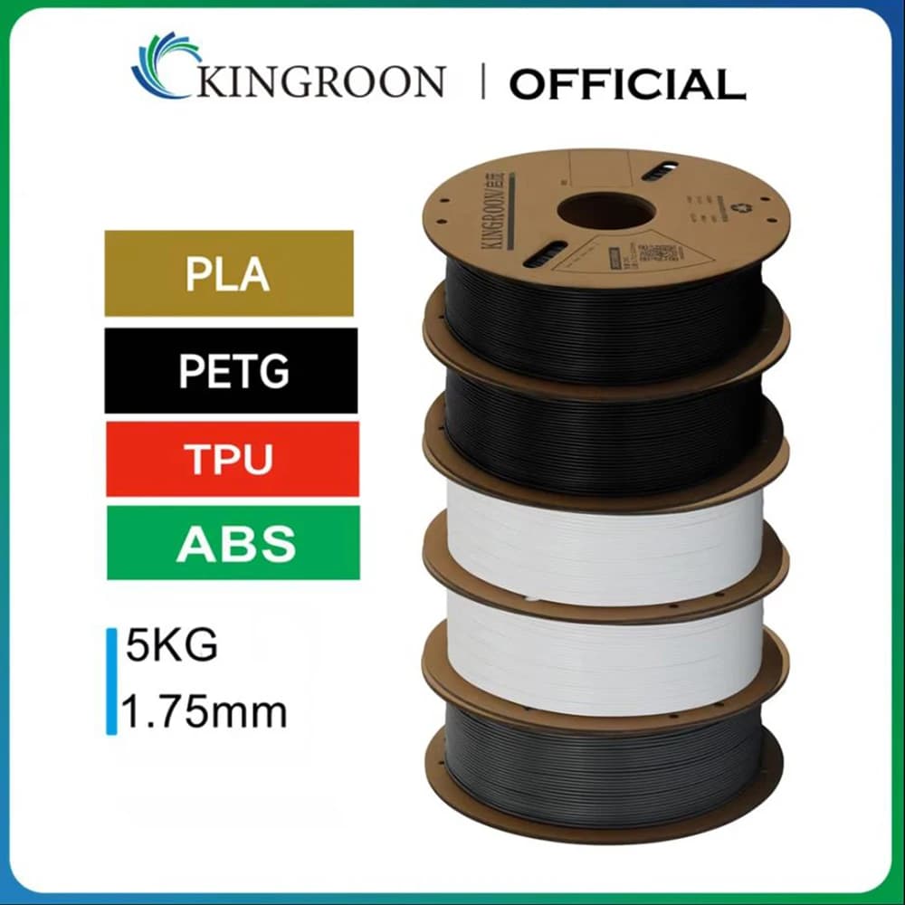 Filament for 3D printer KINGROON PLA PETG TPU ABS, packing with 5 kg, black, white, gray, 1,75 mm, without bubbles, plastic, 5x1 kg/roll, random coil.