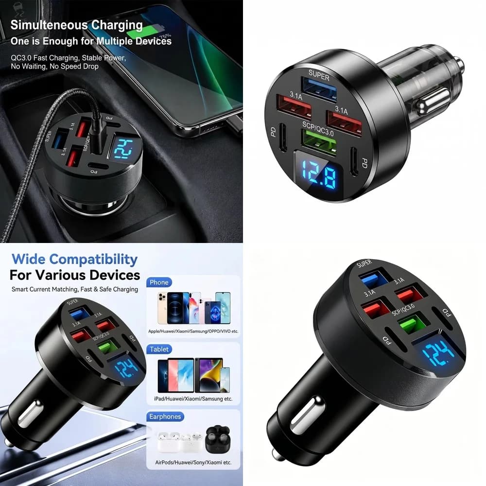 6 Port Car Charger 100W with LED Digital Display QC3.0 PD Fast Charge Multi Port USB Auto Charger for iPhone Samsung iPad