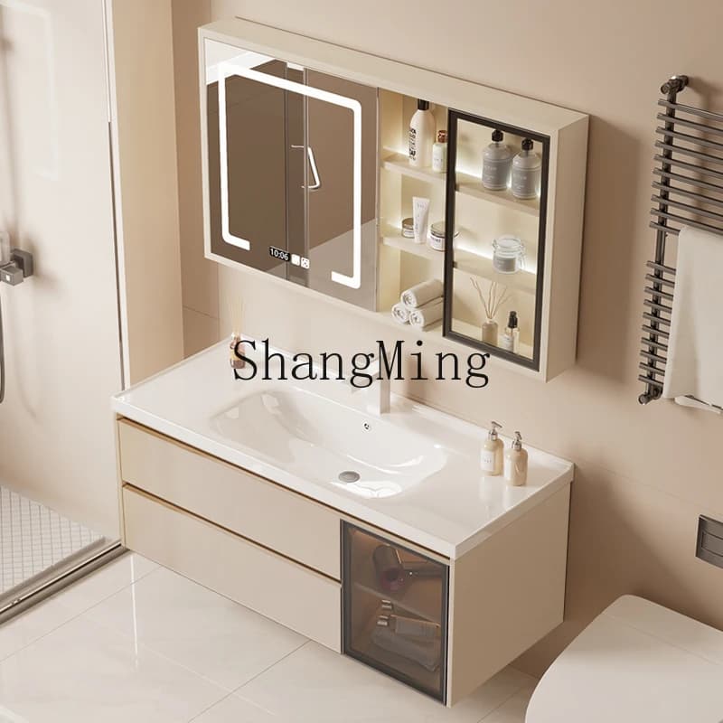 SMMModern Minimalist Mobiletto da bagno in ceramica integrata in stile crema Lavabo Combinazione di mobili per lavabo Specchio per lavabo