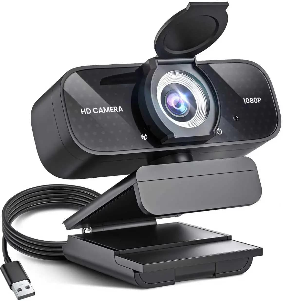Webcam HD 1080P with noise cancelling microphone, automatic light correction, privacy cover, wide-angle lens, USB plug & play for laptop/desktop/PC/Mac, compatible with Zoom/Skype/Teams