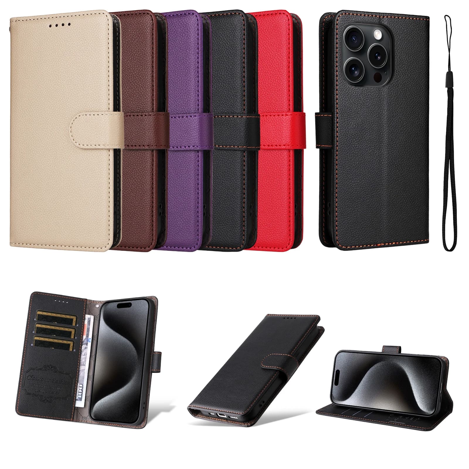 Custodia a libro con blocco RFID in pelle Lichee per Redmi K80 Ultra K70E K70 Pro, con 3 slot per carte, laccetto da polso e funzione portafoglio
