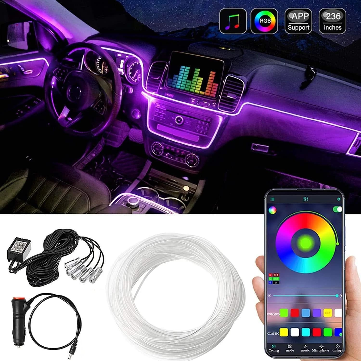 Striscia LED per interni auto, multicolore RGB 8 in 1 con kit di illuminazione ambientale da 400 pollici con controllo remoto tramite APP e sincronizzazione musicale