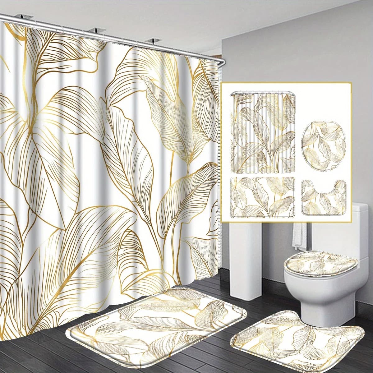Set di 4 Pezzi per Doccia con Foglie Tropicali Bianche e Dorate, Set Bagno con Foglie di Banana e Palma, Include Tappeto e Accessori
