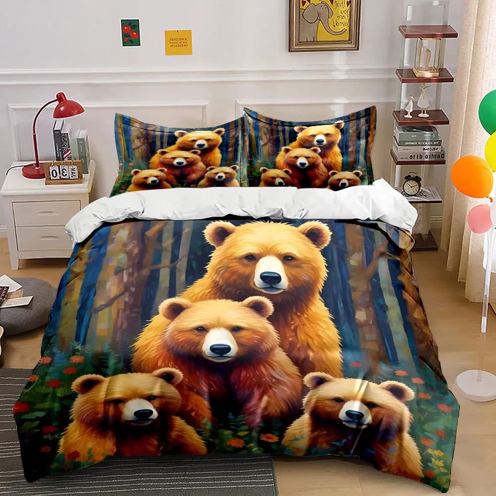 Set di biancheria da letto con stampa di una famiglia di orsi bruni nel bosco, morbido e confortevole, include 1 copripiumino e 2 federe, regali di lusso.