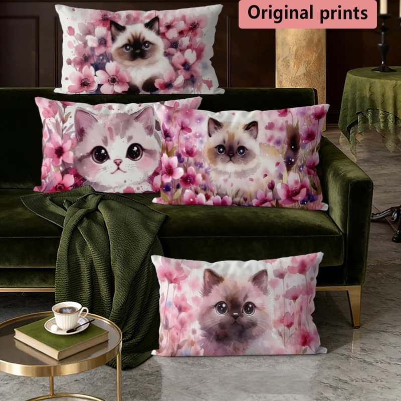 Fodere per cuscini con gattini floreali rosa acquerello, adatte per divano, camera da letto, auto, cuscino rettangolare per la schiena