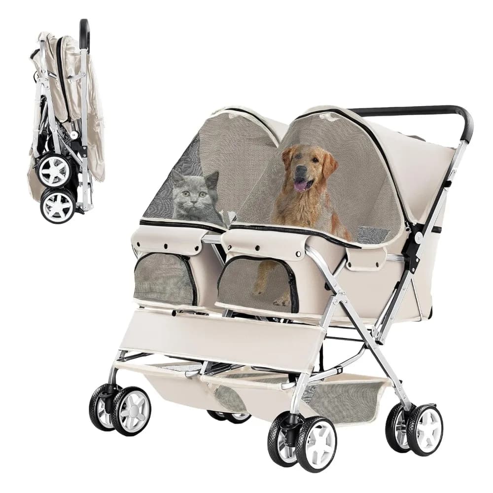 Passeggino per animali domestici, passeggino pieghevole per 2 cani e gatti, carrello da viaggio per animali domestici con marsupio a due posti per cani gemelli