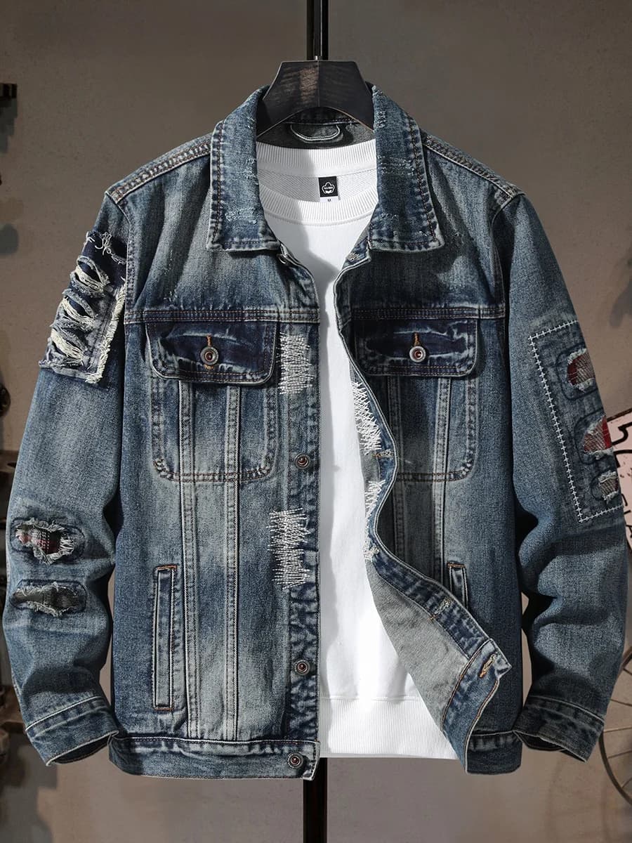 Stylish Motorcycle Workwear Denim Jacket Men's Trendy Korean Slim Fit Short Washed Outwear with Ripped Patch High End Jeans J...