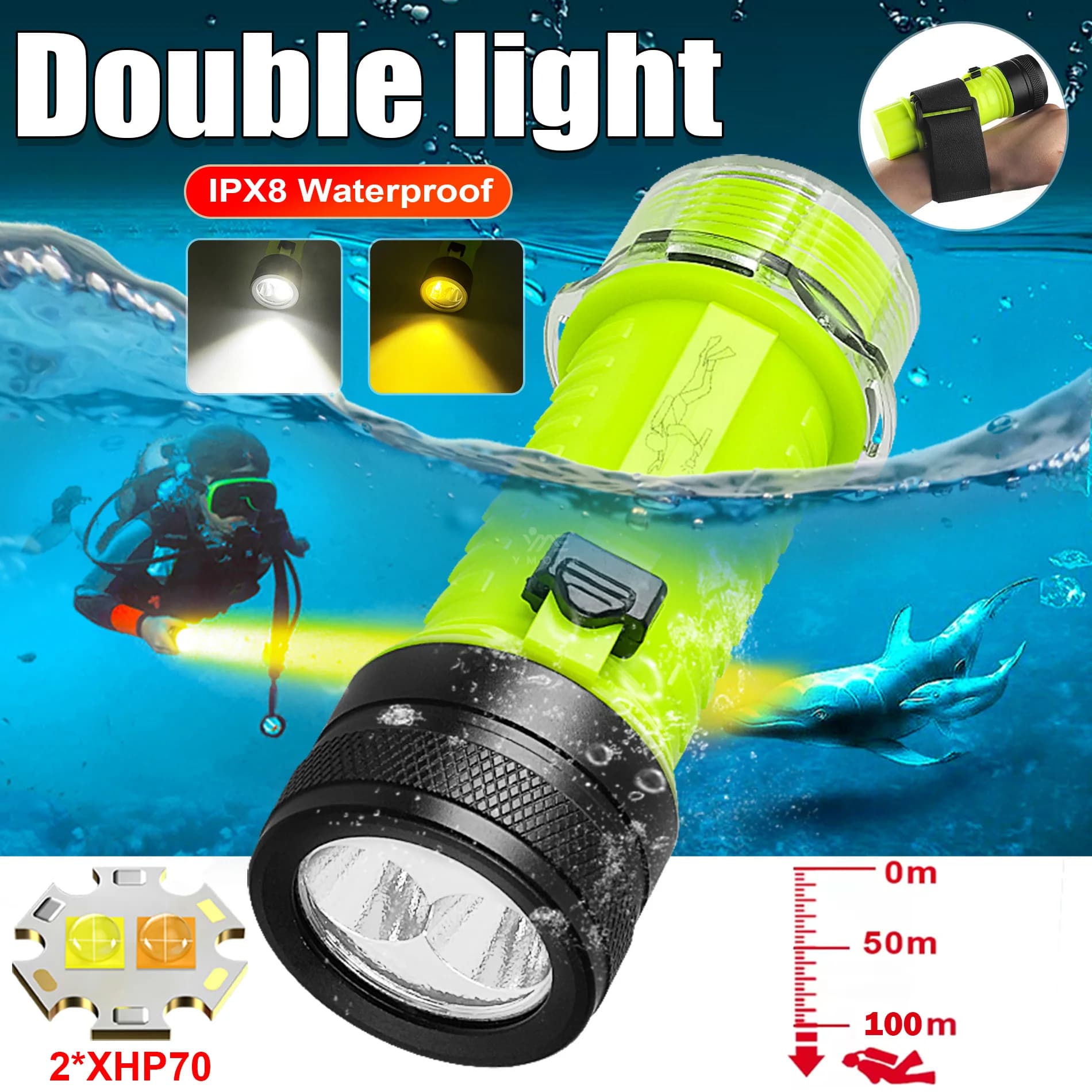 Dual Light XHP70 Waterproof IPX8 Rechargeable Sub Flashlight 18650 Magnetic Sliding Switch USB-C Rechargeable for Diver, Fishing, Camping and Emergency