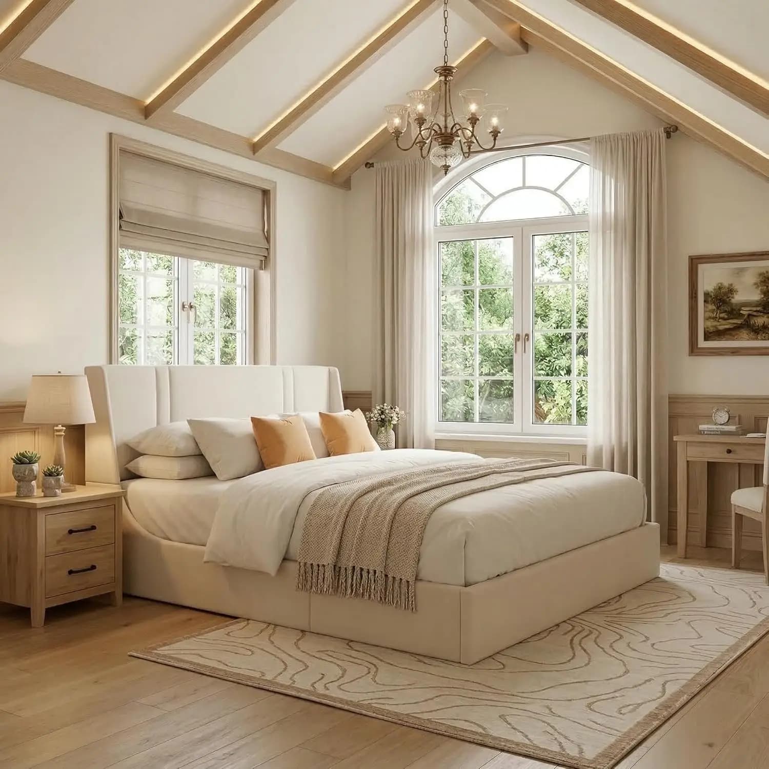 Letto matrimoniale king size con contenitore a scomparsa, piattaforma idraulica e testiera imbottita con schienale alto da 106 cm, senza box, personalizzabile