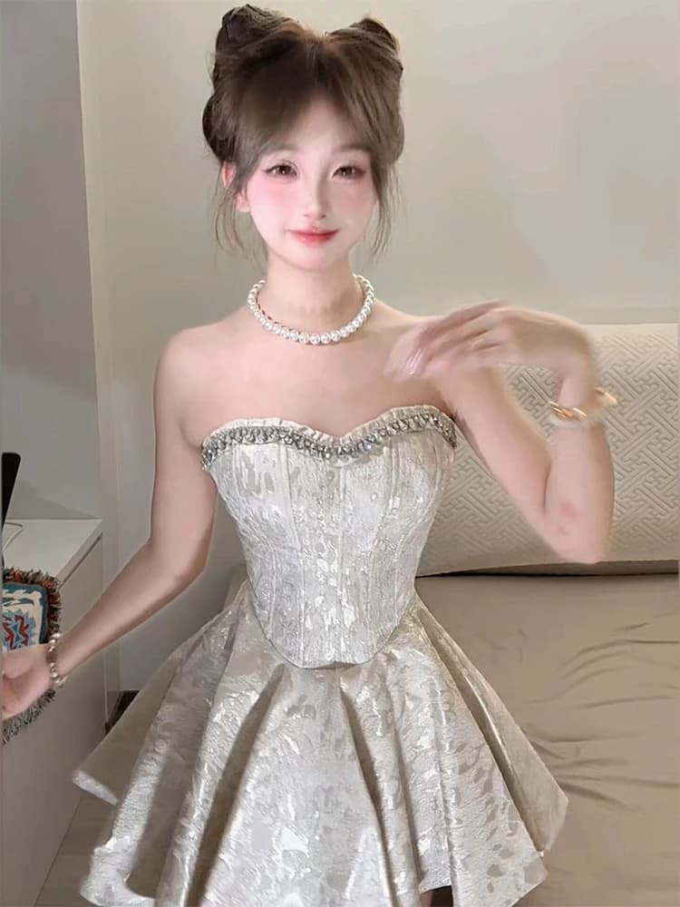 Elegant Heavy Embellished Diamond Strapless Ball Gown Dress Women's High Waist Puffy Formal Dress Skirt Single Piece