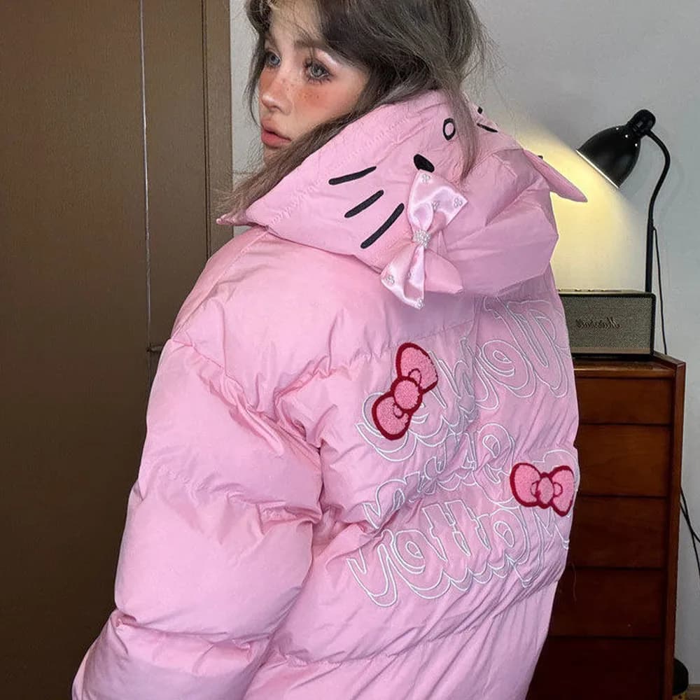 Hello Kitty Ins Style Sweet and Cute Cotton Jacket Suitable for Winter Women Thick Cotton Jacket Loose Hooded Jacket Fashionable