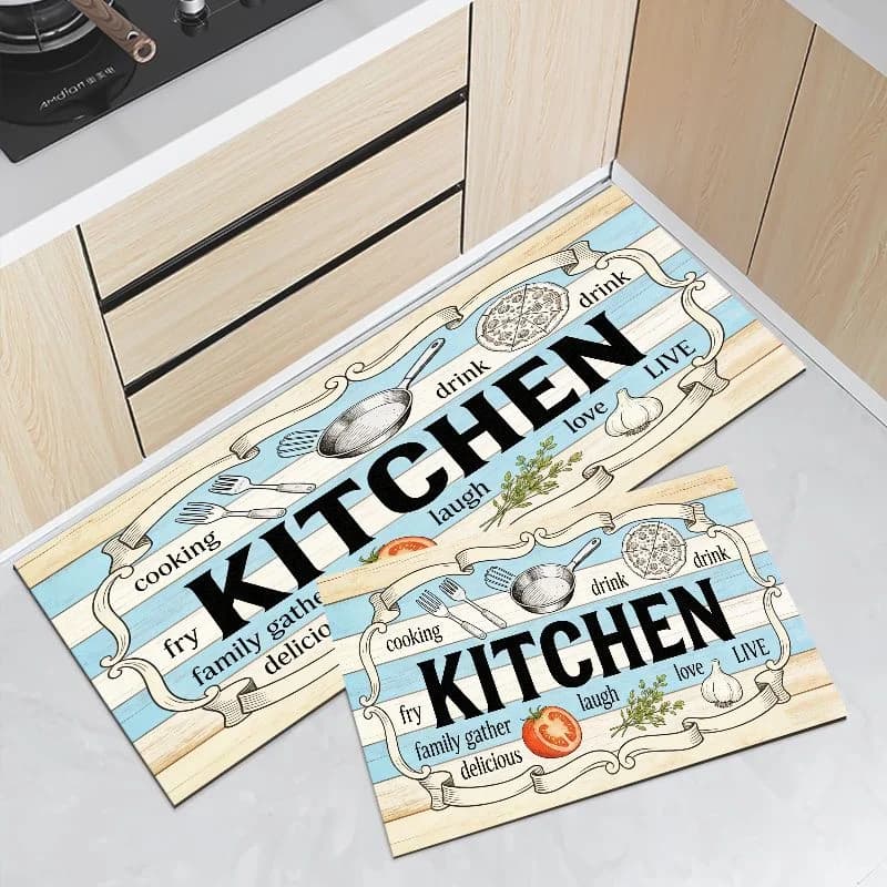 VIKAMA Light Blue Stripe Kitchen Utensil Mat Non Slip Waterproof Runner Rug Easy Wipe Farmhouse Kitchen Decor Carpet