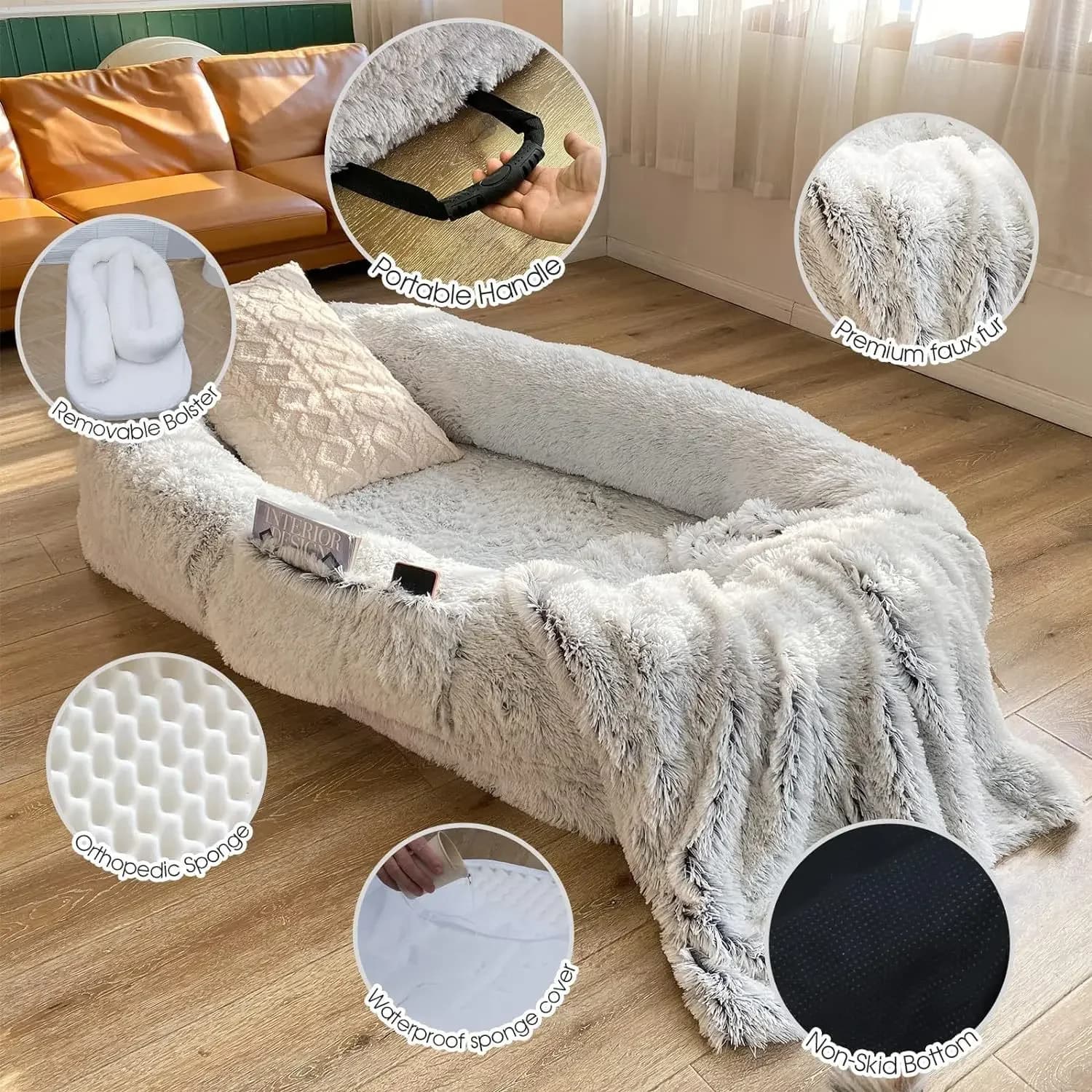 Un gigante letto per cani in spugna di peluche per uso umano per stare al caldo in inverno come letto per animali domestici. Persone e cani condividi materassi per il tempo libero