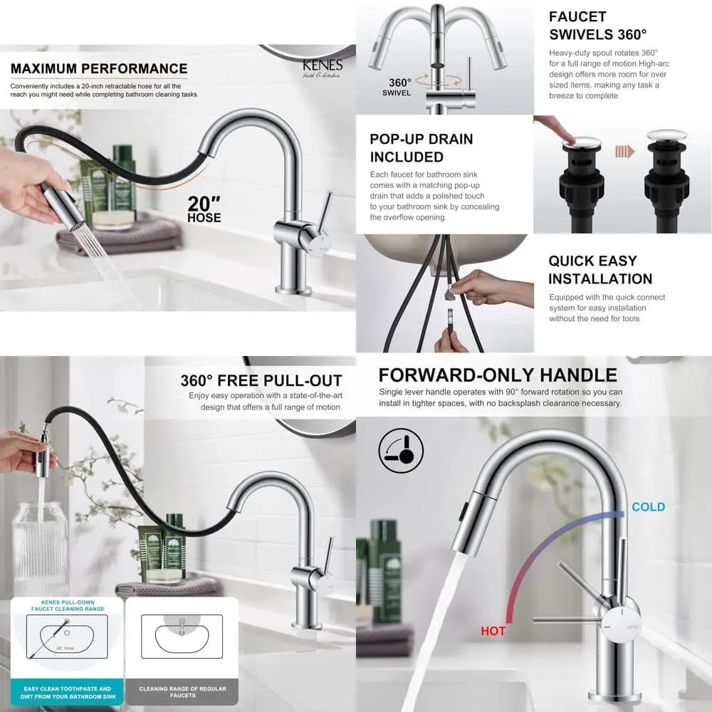 Wash basin faucet extractable with single handle, polished chrome, washbasin bar with pop-up drain and blanket plate, KE-9065B-5