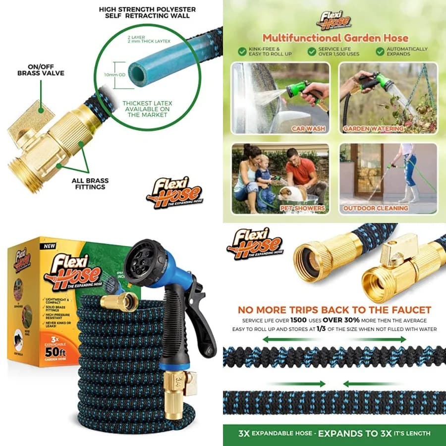 Expandable Garden Hose with 8 Function Nozzle, 50Feet - Lightweight Retractable Garden Hose, Water Hose - No-Kink Flexibility,