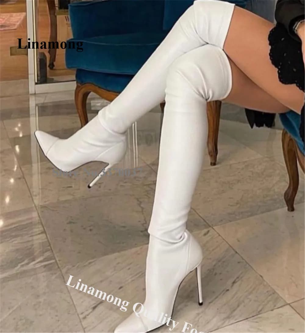Linamong Slim Bianco Beige Pelle opaca Stiletto Stivali sopra il ginocchio Stivali lunghi sexy con punta a punta e tacco sottile
