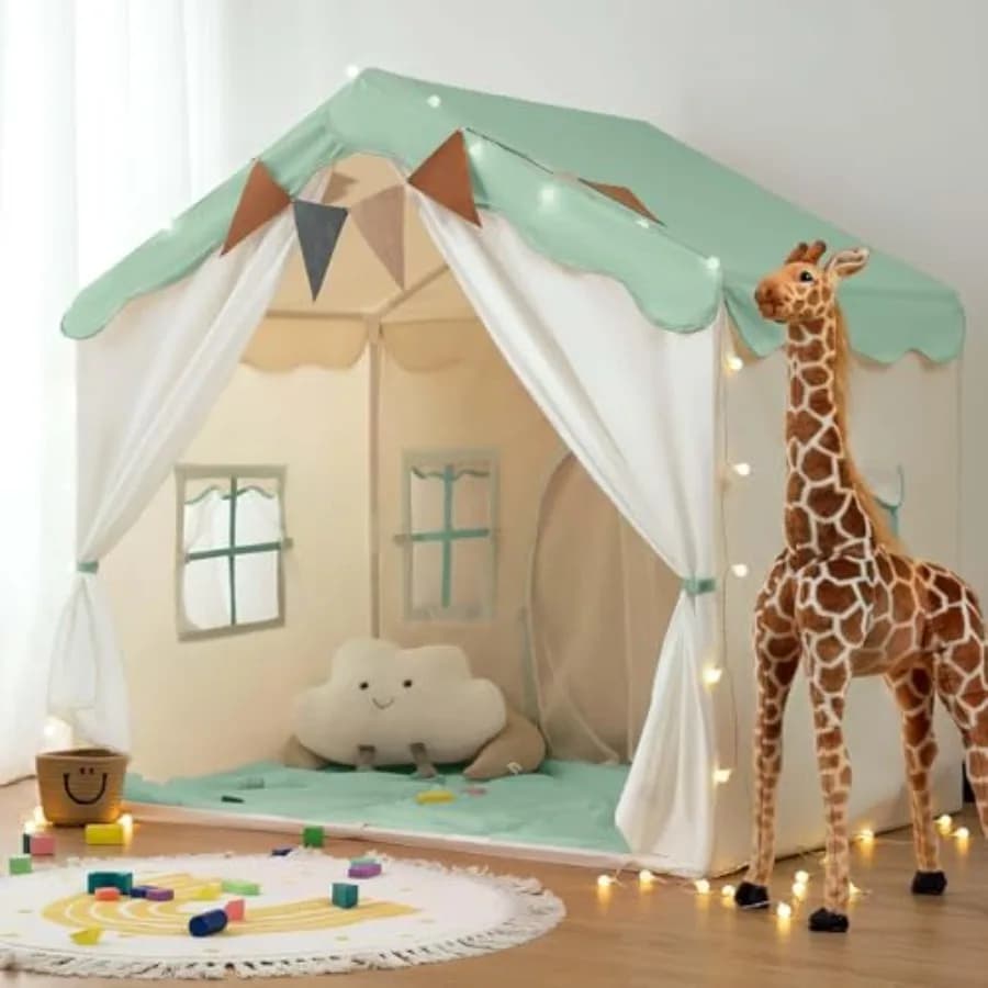 Play Tent for Indoor Outdoor Use, Polyester Green Tent with LED Lights, Padded Mat, 2 Doors 4 Windows, 51 x 35 x 51, Reading Co