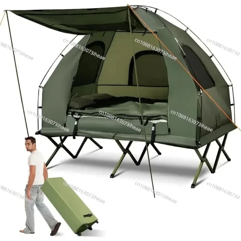 Lettino da campeggio pieghevole 5-in-1 con materasso e cuscini, tenda da campeggio rialzata con borsa per il trasporto per escursioni all'aperto, pesca