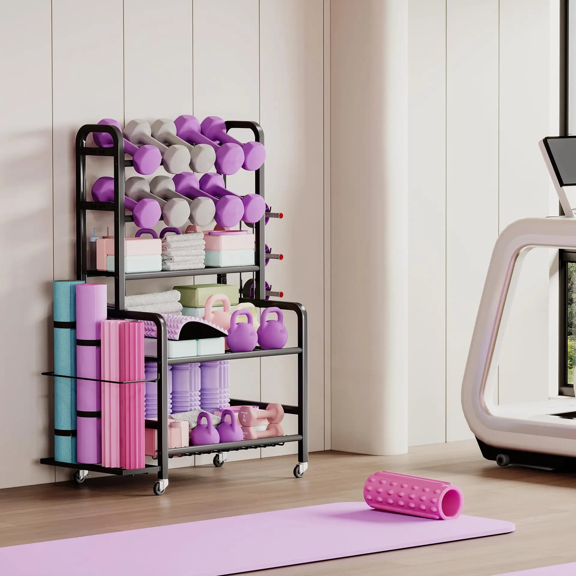 # Rack portaoggetti in metallo a 5 livelli per manubri, kettlebell, foam roller e tappetini yoga - Ideale per il fitness transfrontaliero