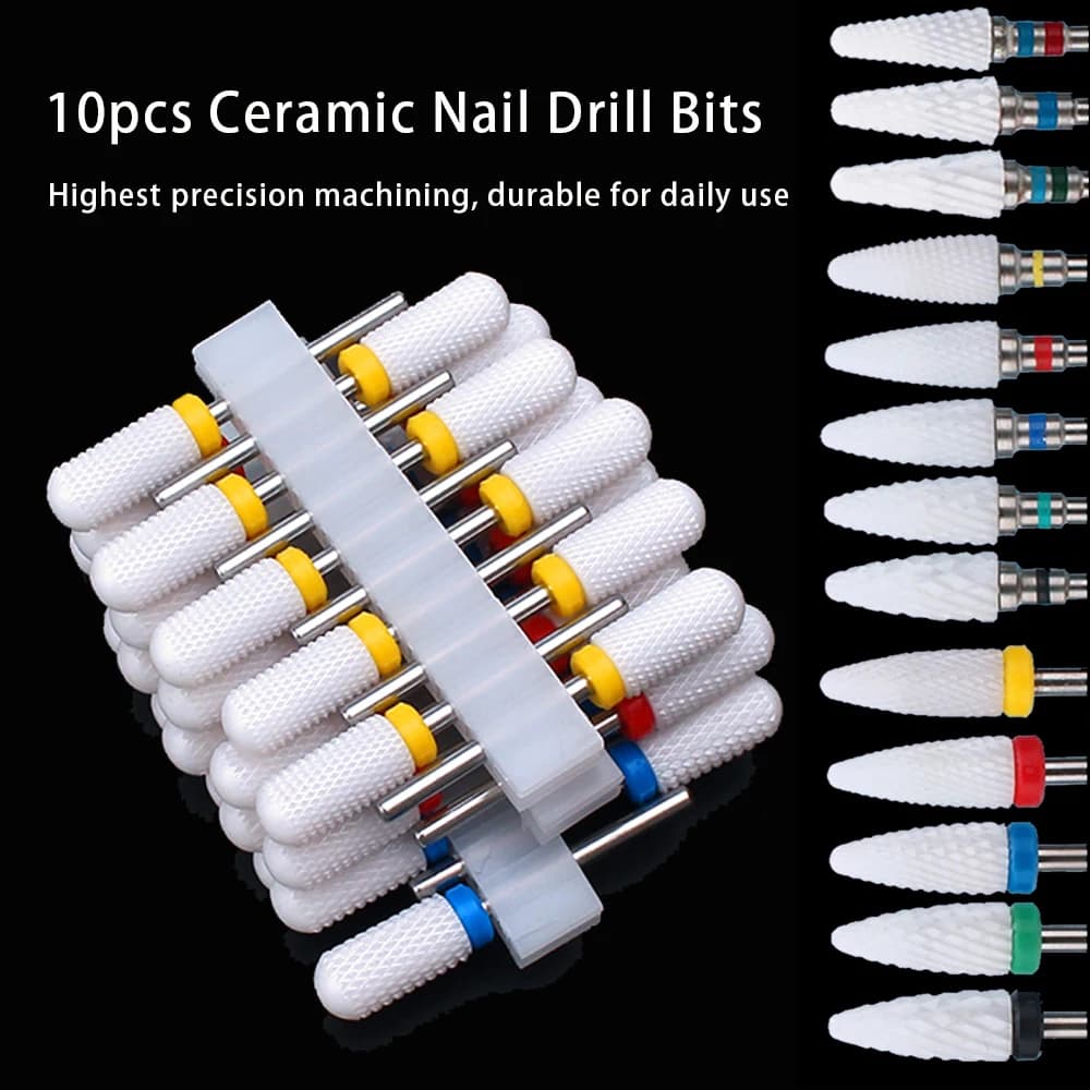 10 pcs Ceramic nail drill tips Set Electric manicure tip cutter Flame Mais Lime Machine Pedicure Accessories