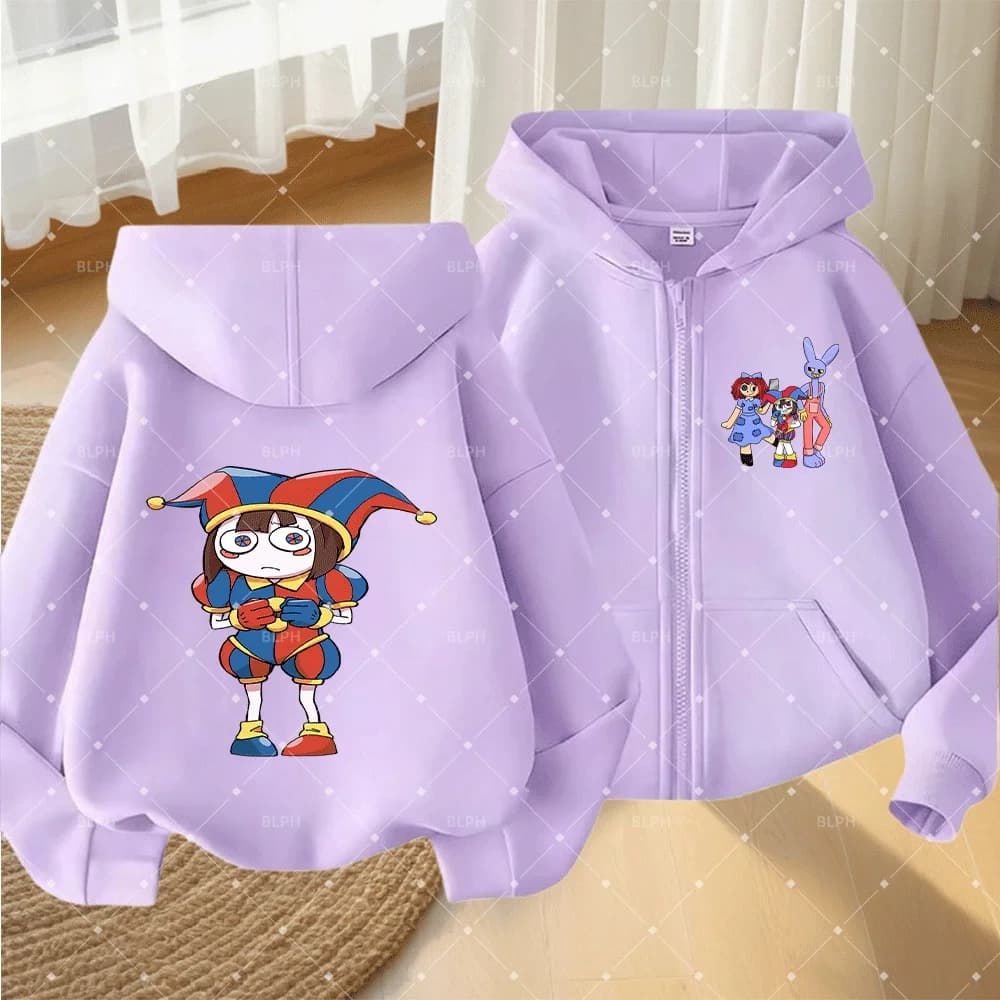 Felpa con cappuccio con zip per bambini, con design del personaggio Digital Circus, colorata e comoda per l'uso quotidiano