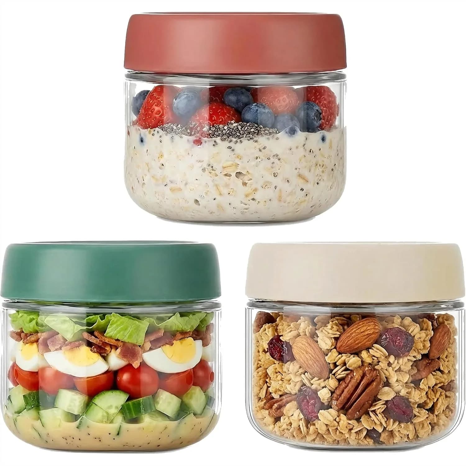 Set di 3 Contenitori per Overnight Oats con Coperchi, Barattoli in Vetro da 10oz, Ermetici per Conservazione Alimenti, Bocca Larga per Facile Pulizia