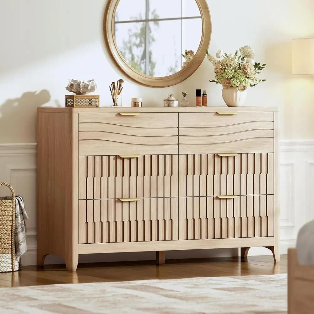 6-Drawer Wide Chest with Metal Handles, Wooden TV Stand, and Clothing Storage Organizer in Natural Oak for Bedroom, Living Room,