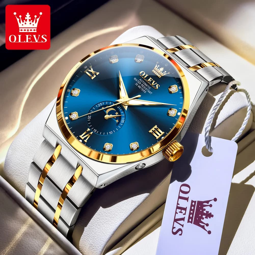 OLEVS 7069 Orologio da uomo con fasi lunari Cinturino in acciaio di moda Orologi meccanici automatici da uomo Orologi da polso originali di marca di lusso