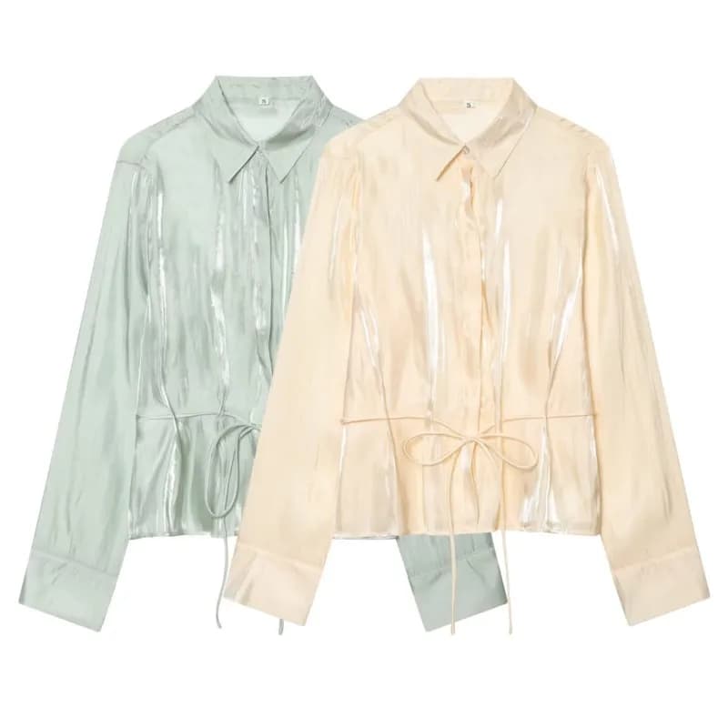 Camicia da Donna Effetto Metallico con Cintura Primavera Estate 2026, Camicia a Maniche Lunghe con Orlo Arricciato, Blusa da Donna, Top Femminile