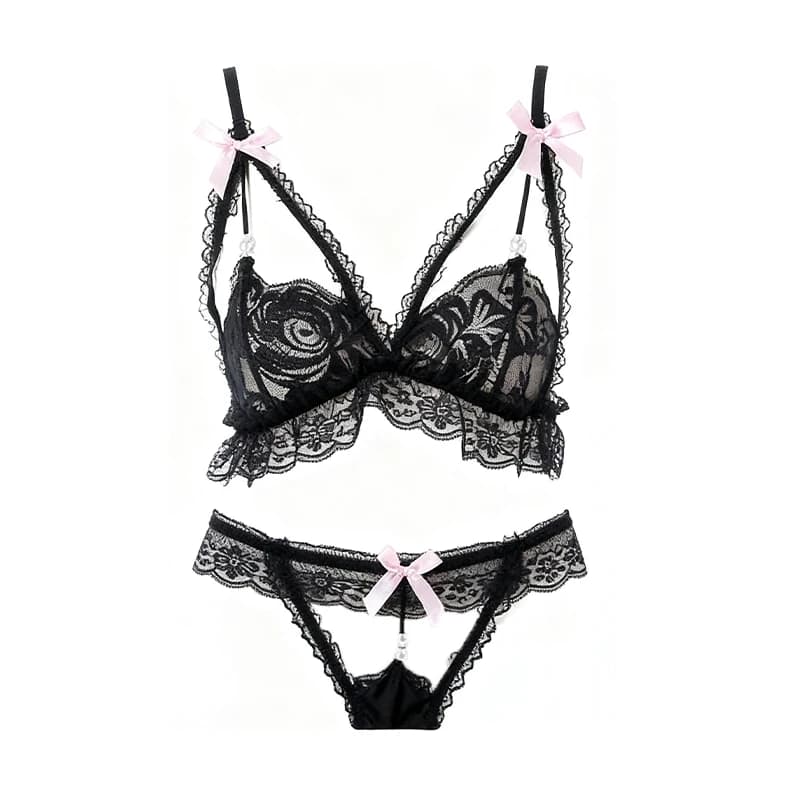 Set di reggiseno e slip da donna con perle, bianco, con cavallo aperto, alla moda, in pizzo trasparente, sexy.