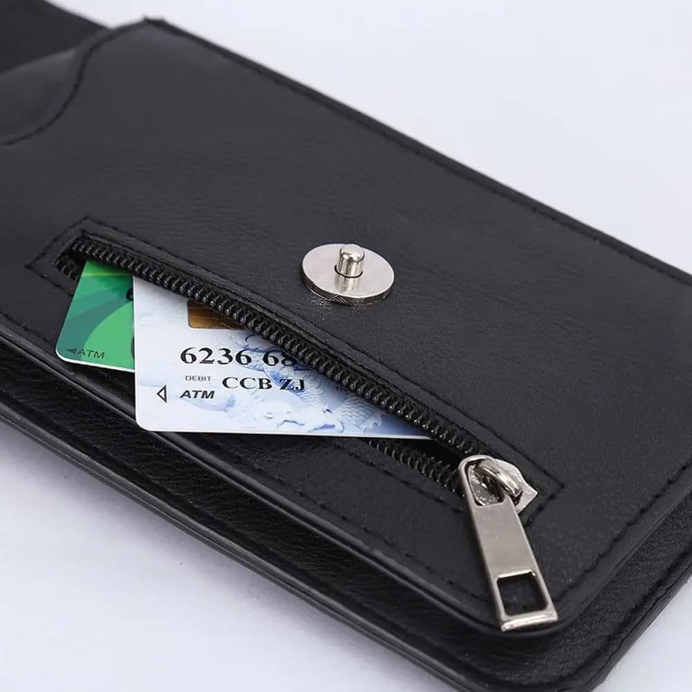 Travel bag for mobile phone with zipper and button, belt rack for phone, racing case