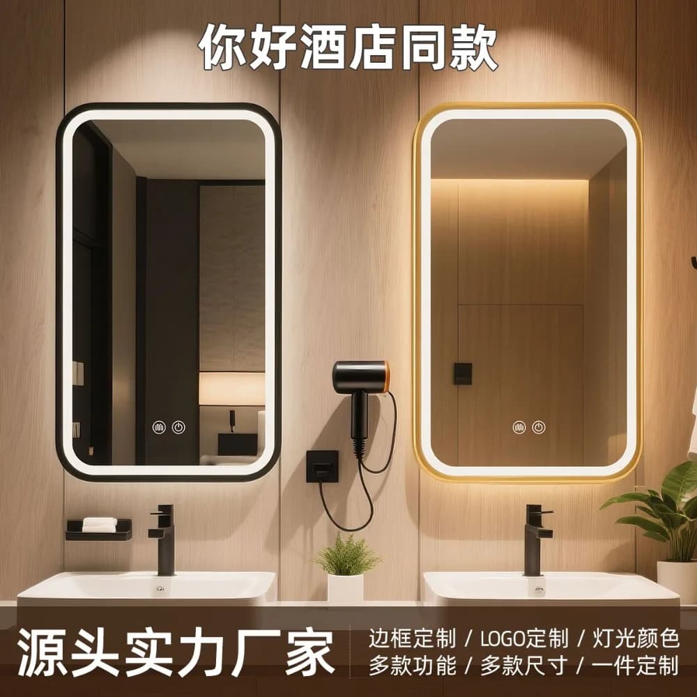 hotel apartment project with frame rounded corner square mirror anti-fog bathroom mirror touch screen led wall hanging aluminum