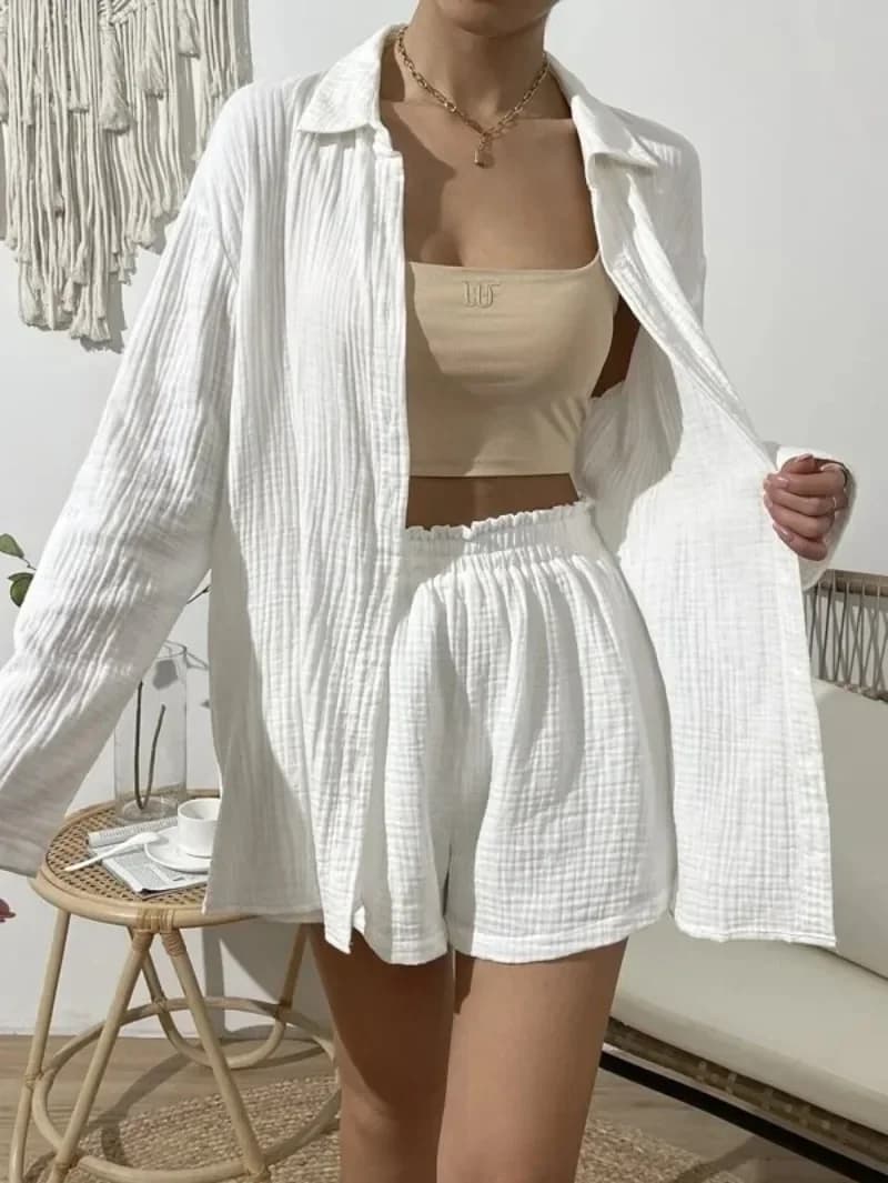 Pigiama in mussola da donna 100% garza di cotone Set da due pezzi Indumenti da notte Camicie da donna con pantaloncini Abiti da casa Abiti casual larghi