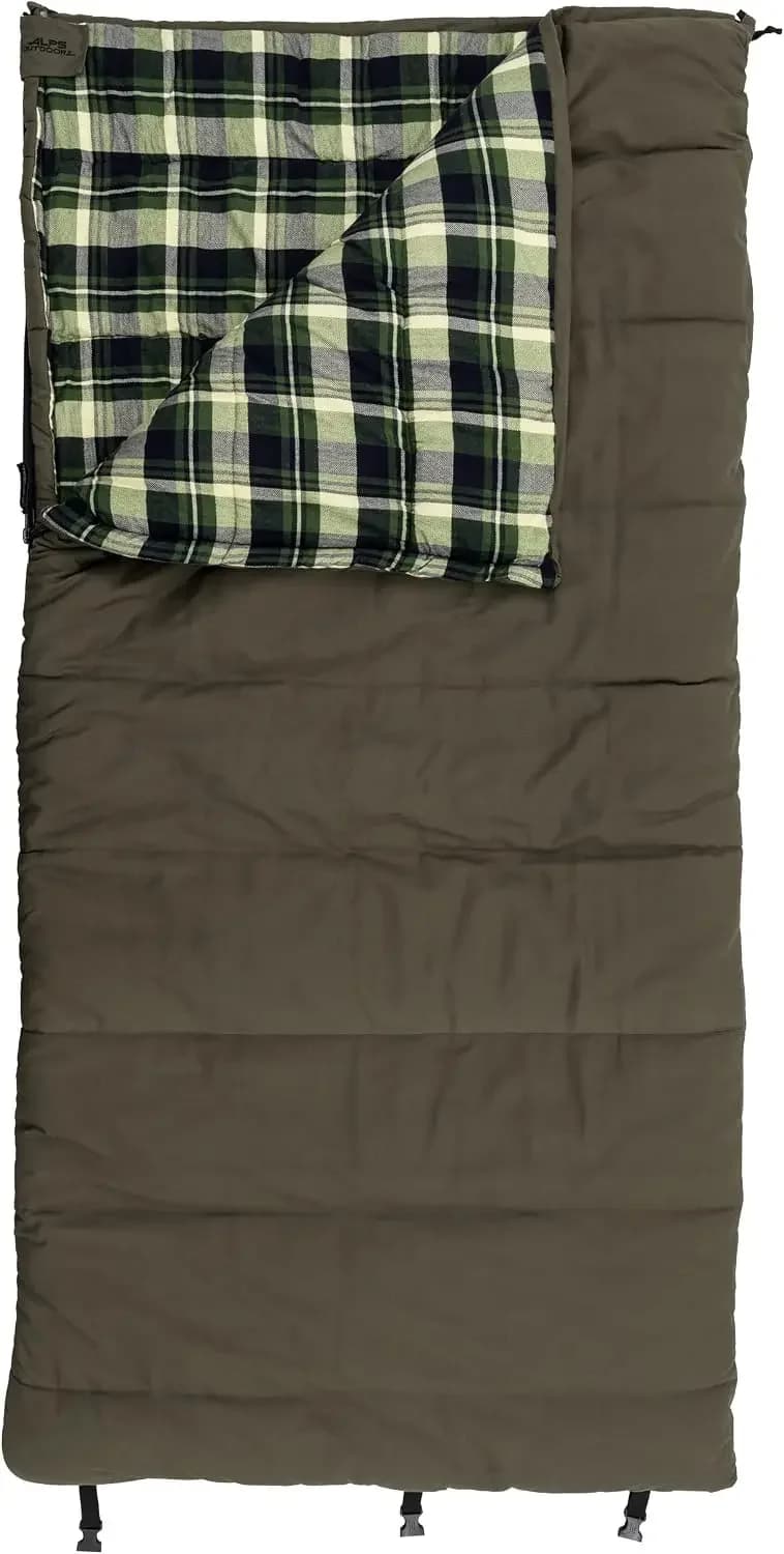 Redwood -10°F Flannel-Lined Sleeping Bag with Cotton Canvas Shell, Heavy-Duty Zippers, Oversized Rectangle Design, Cold