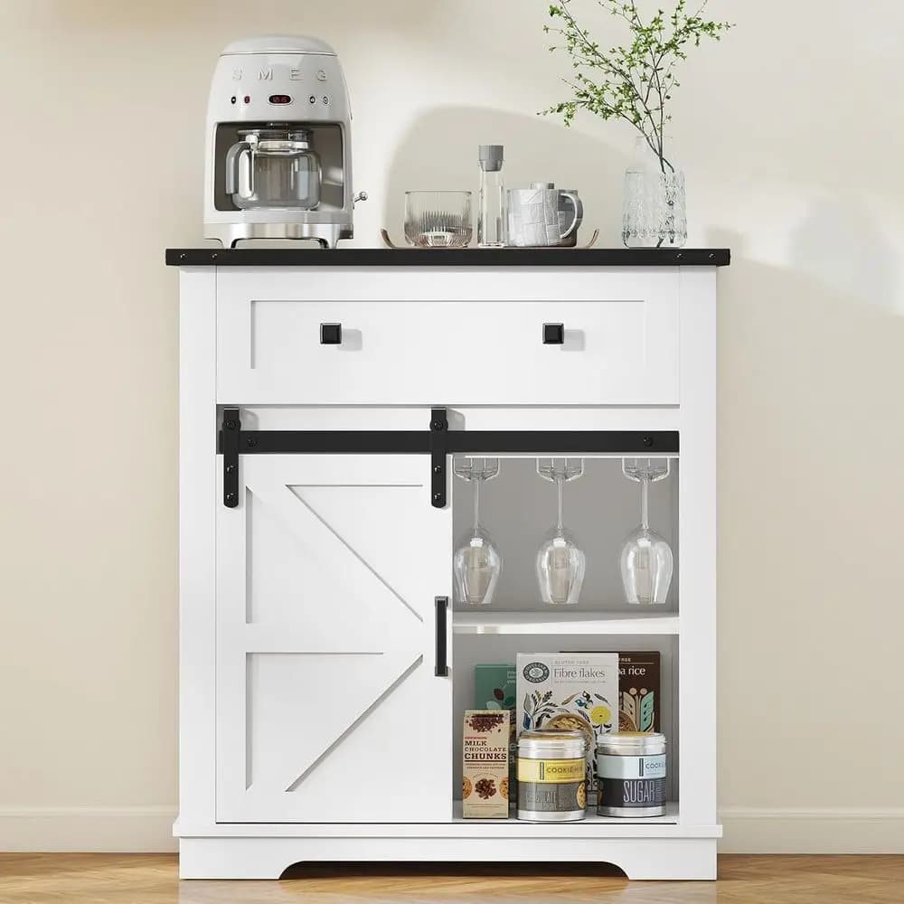 White Sideboard Cabinet with Storage, Wine Glass Rack, and Sliding Barn Door for Kitchen, Dining, or Entryway