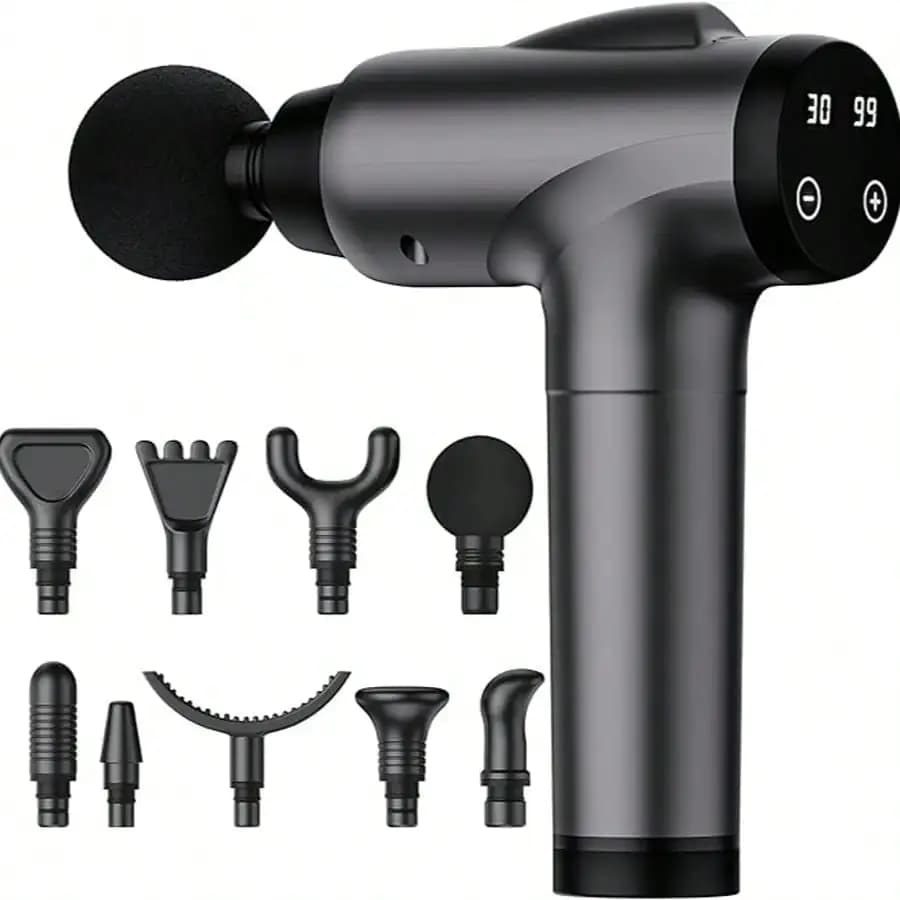 Mini Pistola per Massaggi Ricaricabile con Display LED, 9 Testine Massaggianti, Massaggiatore Portatile per Rilassamento Muscolare Profondo e Fitness