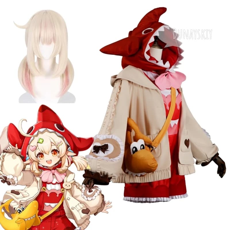 Genshin Impact Klee Crunchy Shark Cosplay Costume Cute Full Casual Outfit With Shark Bag Fit For Height 110cm Or Above Halloween