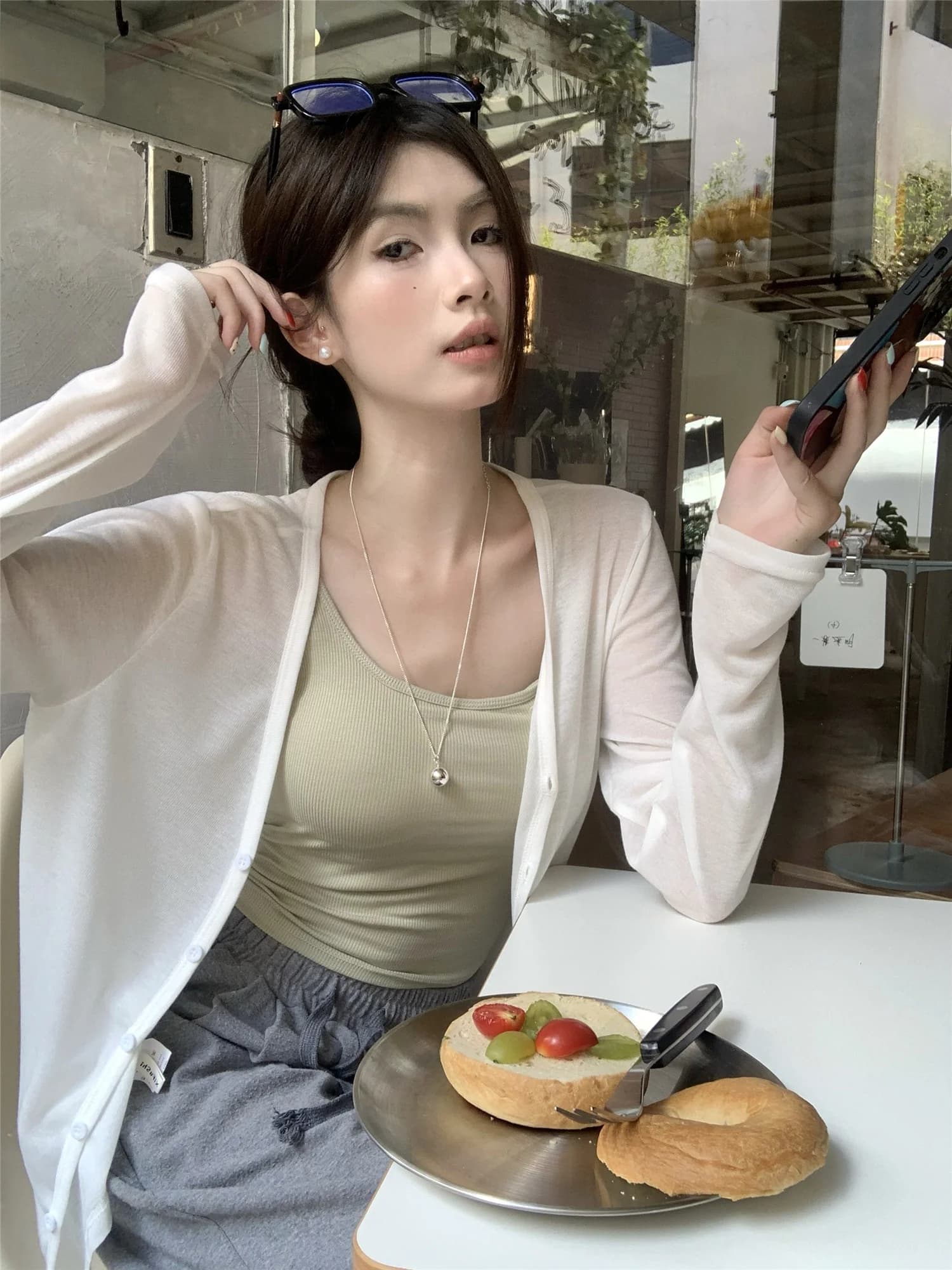 Kumikumi Women's Basic White Long Sleeve Sun Protection Jacket Summer Thin Casual Top Single Button Simple Design Loose Fit