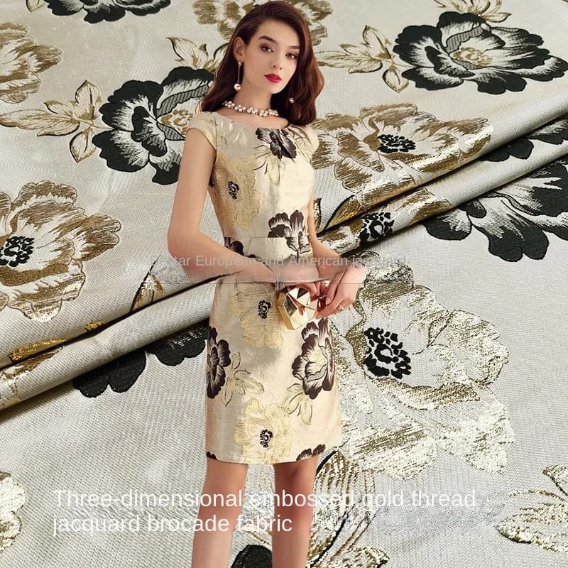 Gold Thread Dress Autumn Winter Jacquard Brocade Fabric Dress Performance Clothing European Brand Fashion Fabrics By The Meter