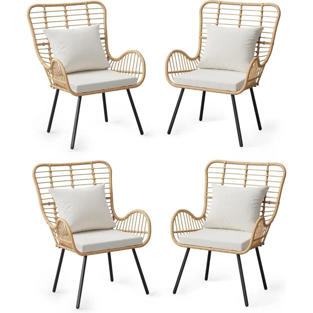 Set of 4 chairs Boho in rattan for outdoor / indoor with cushions and cushions, capacity of 330 pounds, for all seasons, for patio, poolside, living room