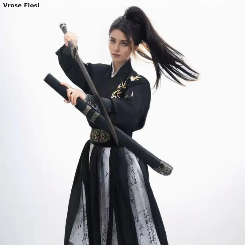 Samurai Costume Set Top & Skirt Japanese Chinese Warrior Outfit Unisex Adult Cosplay Martial Arts Kimono Hanfu with Embroidery