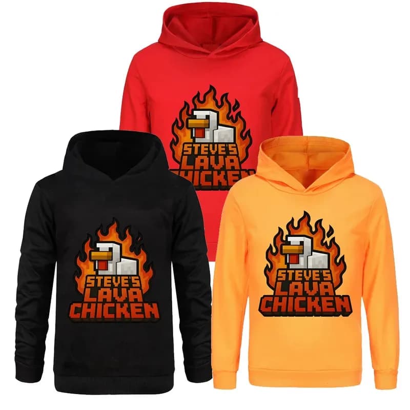 2025 Nuovo Cosplay Steve's Lava Chicken Bambini Ragazzi Ragazze Felpe con cappuccio Cartoon Chicken Jockey Stampa Abbigliamento per bambini Felpe