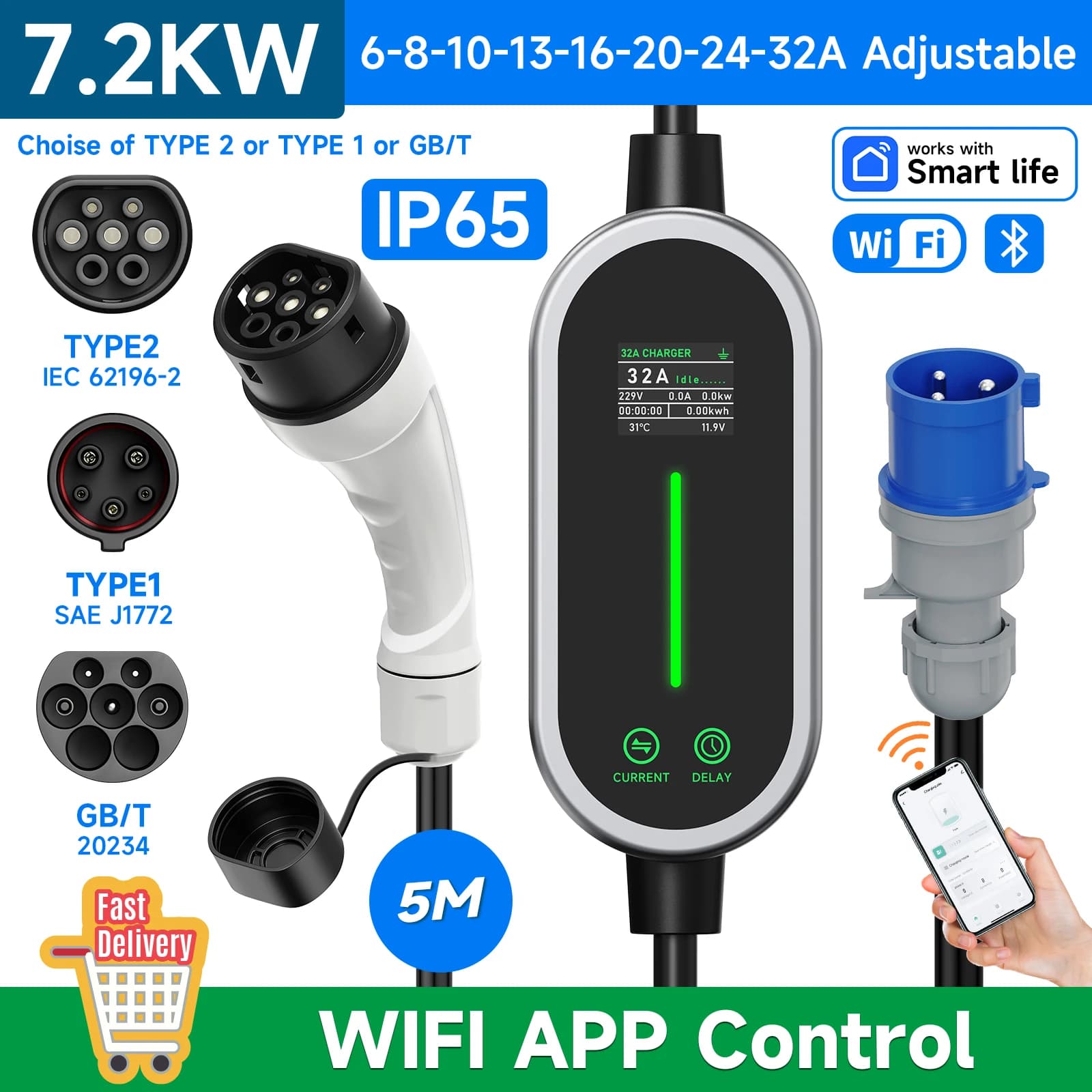 JNTAFEV 7.2KW Portable Electric Vehicle Charger 32A 1Phase Type2 EV Charger CEE Plug Type1/GB/T Car Charger WIFI APP Control