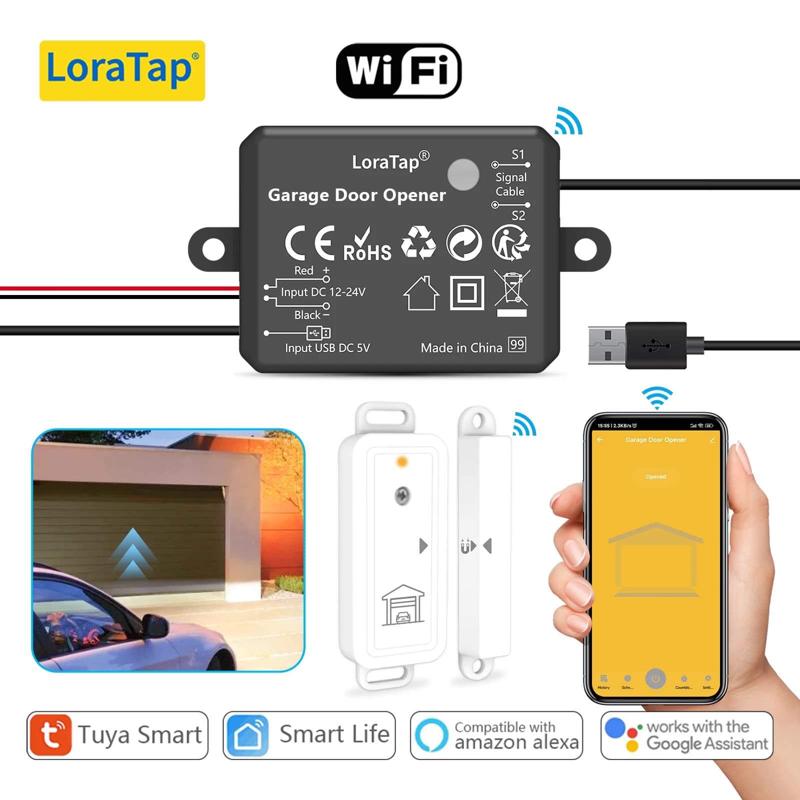 Tuya Smart Life Controller per apertura porta garage Interruttore a contatto secco Sensore porta wireless Avvisi di sicurezza Supporto Google Alexa