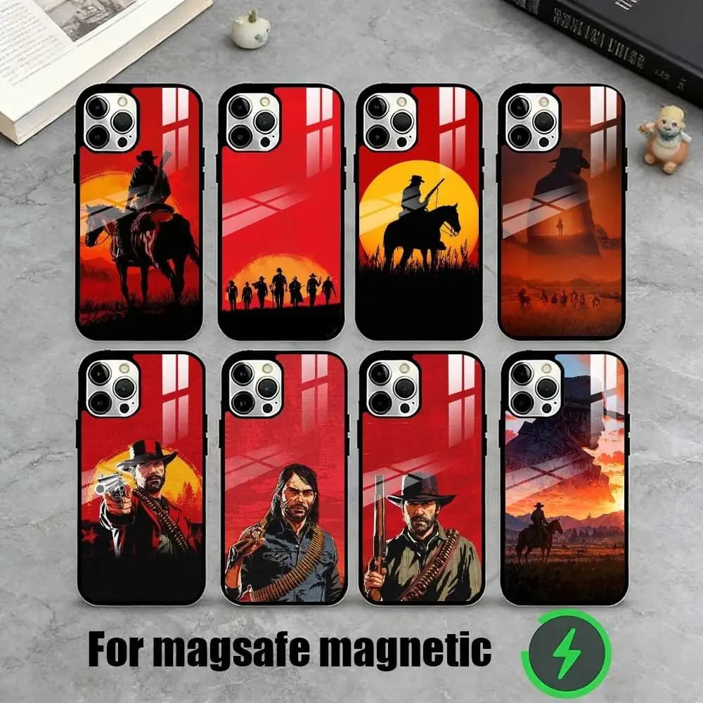 Cover per iPhone R-Red Dead Redemption 2 con Grafica, Compatibile con iPhone 17, 16, 15, 14, 13, 12, 11 Plus, Pro, Magnetica per Ricarica Wireless Magsafe