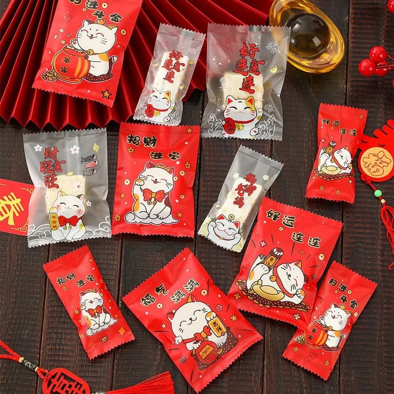 100Pcs Lucky Cat Pattern 2026 Chinese New Year Snowflake Crispy Packaging Baking Cookie Machine Sealed Candy Gift Bags