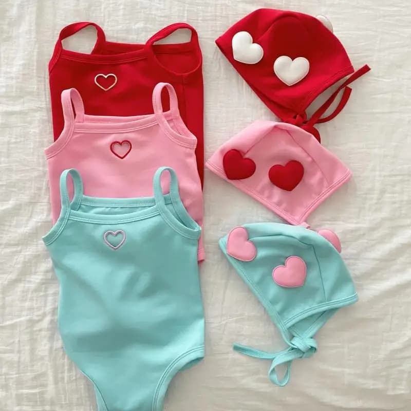 2026 Summer New Baby Girl Cute Heart Sling Bodysuit + Hat For Boy Girl Toddler Swimsuit Newborn Sleeveless Jumpsuit Outfits