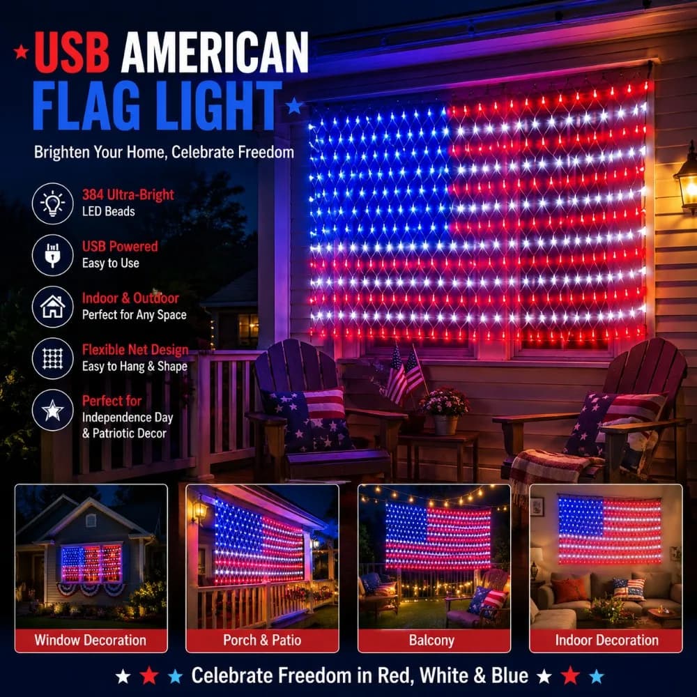 USB American Flag LED Curtain Light Independence Day Decoration Indoor Outdoor Hanging Window Light for Patio Porch Home Party