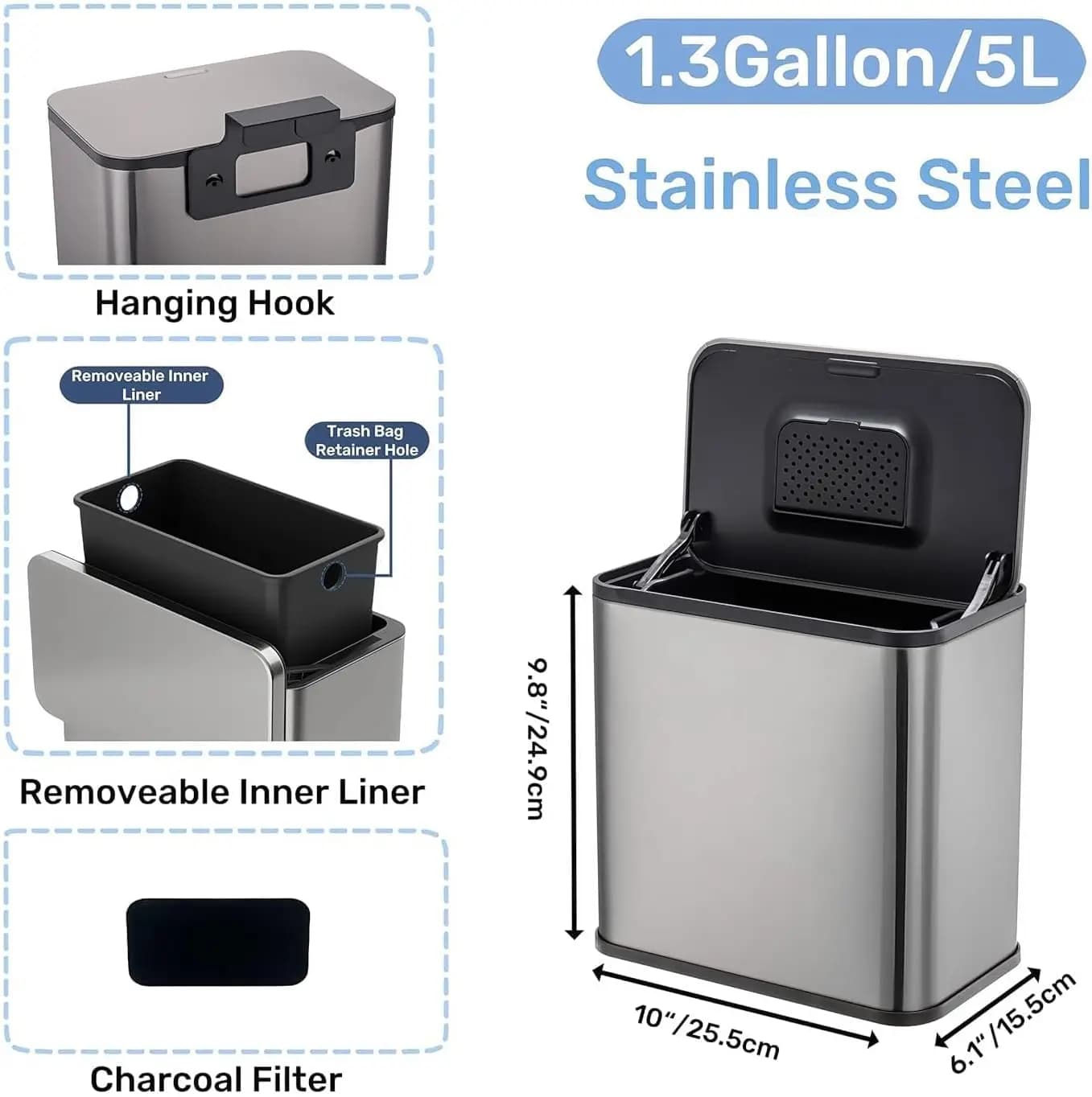 5L Space-Saving Quiet-Close Trash Can with Lid Stainless Steel Eco-Friendly Sealed Bin For Kitchen & Office Hanging Trash Can